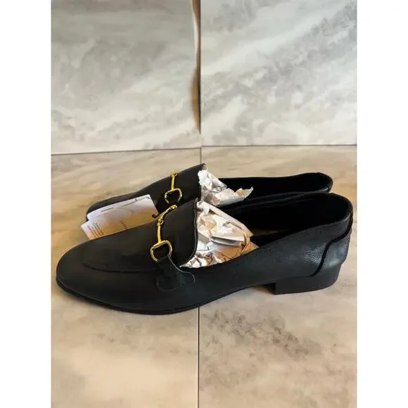 Mango Women’s Gold Buckle Leather Upper Moccasins Black Size 9 New Flats - Picture 5 of 7